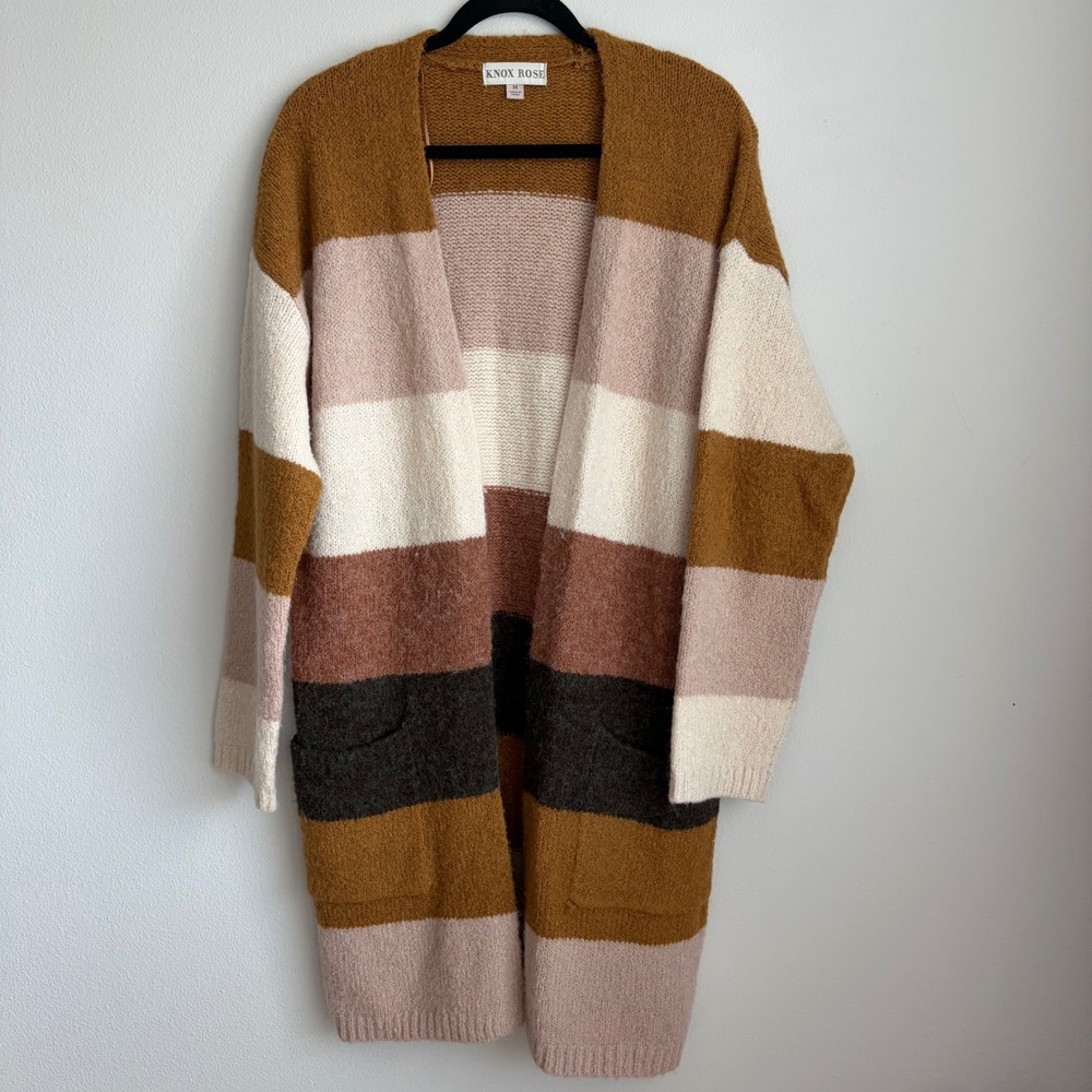 Knox Rose Striped Longline Open Front Cardigan Sweater Mustard Multi M